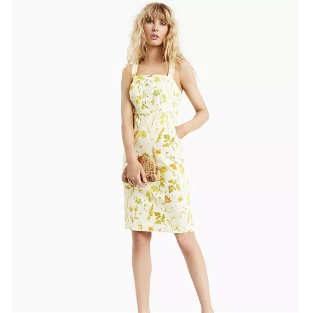 INC Lace-Up Floral-Print Denim Dress